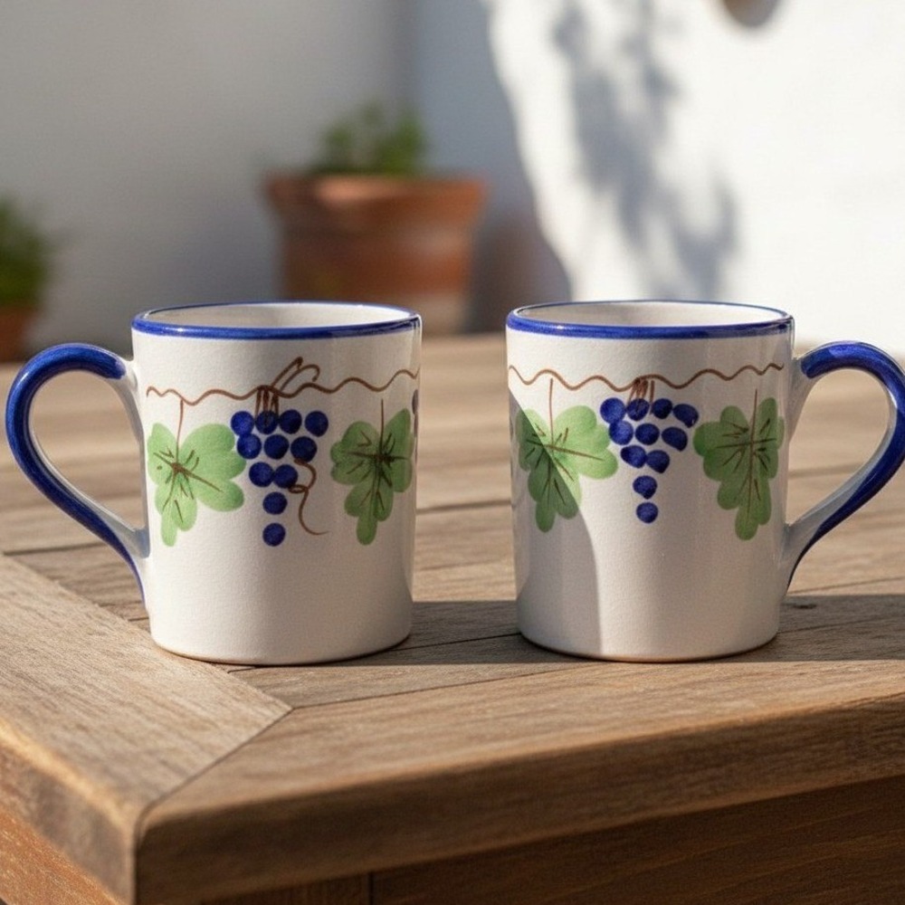 Giovanni Vietri Italy Hand Painted Grape Coffee Cups  Set of 2 Majolica